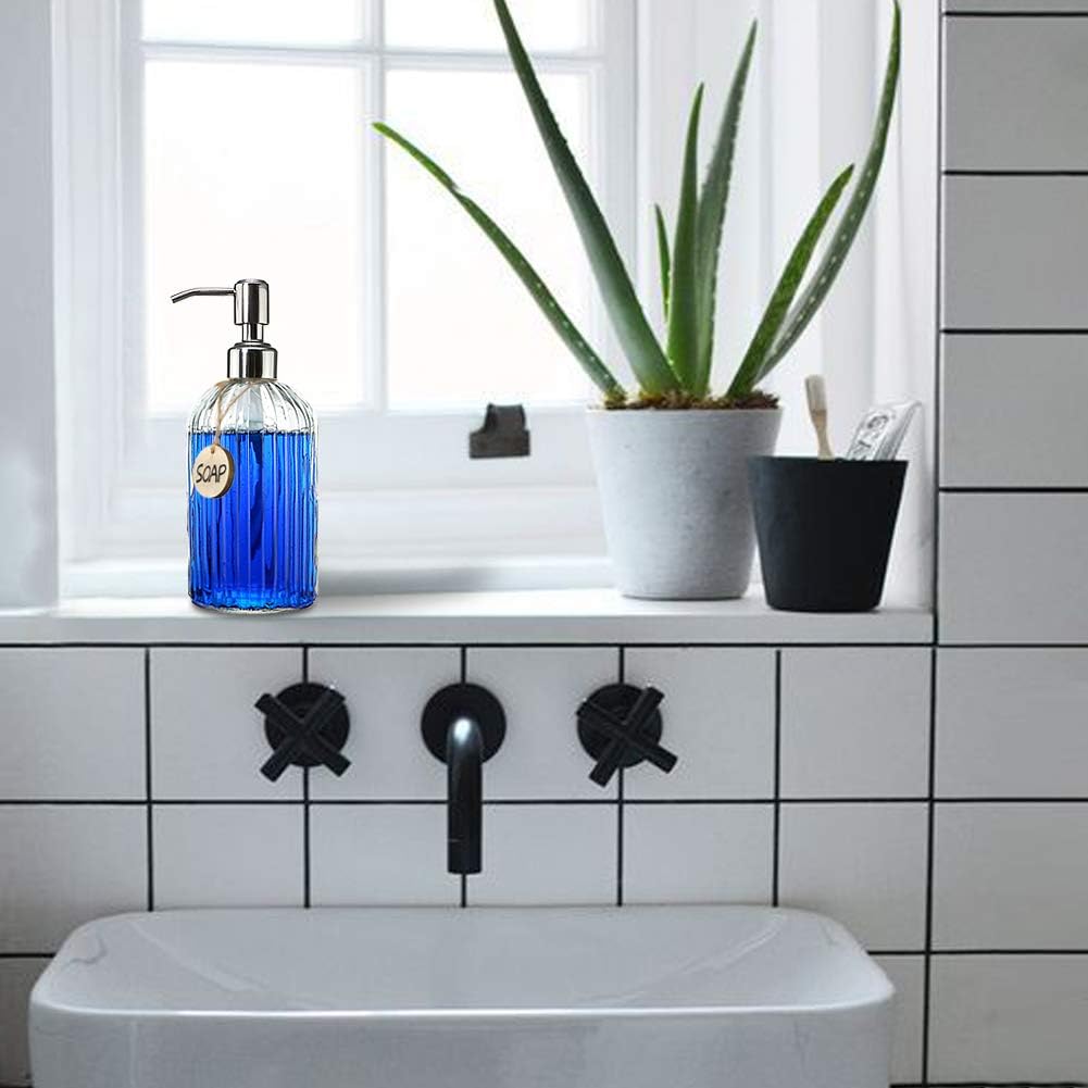 JASAI 18 Oz Clear Glass Soap Dispenser with Rust Proof Stainless Steel Pump, Refillable Liquid Hand soap Dispenser for Bathroom, Premium Kitchen Soap Dispenser (Clear).