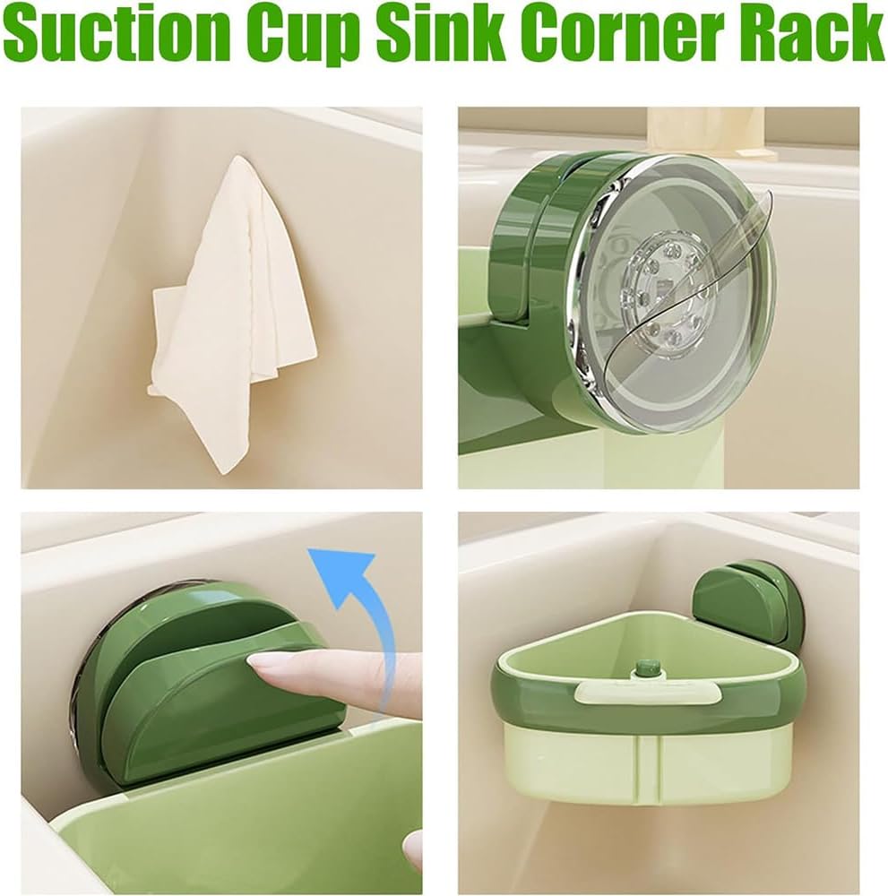 Suction Cup Sink Corner Rack, 2025 New Upgraded Sink Strainer Basket, Automatic Dumping Sink Strainer Basket, Triangular Sinks Basket Shelf with Suction Cup Sucker (Green)