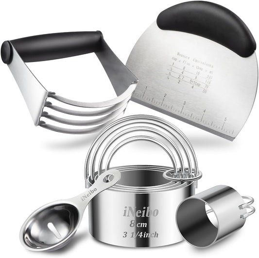 iNeibo Professional Baking Tools Biscuit Cutter Set Dough Blender/Cutter Round Cookies Cutter with Handle + Pastry Scraper+Egg Separator Heavy Duty Baking Dough Tools Pastry Utensils (Baking Tools)