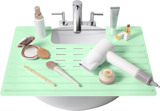 Maplefield Bathroom Sink Cover for Counter Space, Heat Resistant Silicone Sink Mat for Your Beauty Routine, Small Bathroom Space Saver Sink Cover for Makeup (Mint Large, 22 x 2 x 2 Inches)