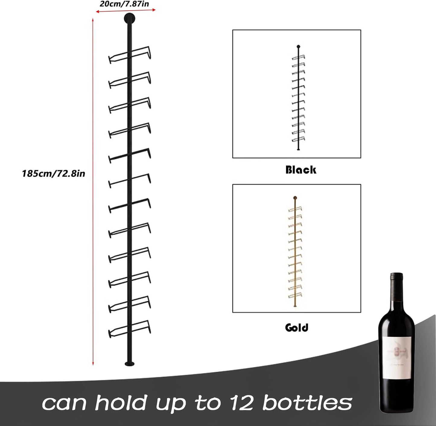 Wine Rack Wall Mounted, 72.8in High Metal Wine Bottle Holder for 12 Bottles, Kitchen Organization and Wine Storage for Commercial Restaurants Pantry Bar Wine Cellar (Black, Four rows-48 Bottles)