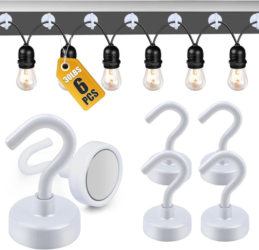 DIYMAG Outdoor Hooks for Hanging String Lights, White Magnetic Hooks Strong 30lbs+ Hanging Party Light Wall Cable 2025 Cruise Cabin Ship Essentials Heavy Duty Strong Magnets for Outside Grill 6PCS