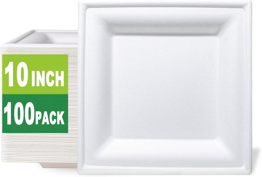 GreenWorks 100 Count 10 Inch Large Square Compostable plates, Biodegradable Bagasse and Bamboo Fiber Plates