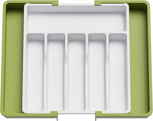 Lifewit Silverware Drawer Organizer, Expandable Utensil Tray for Kitchen, BPA Free Flatware and Cutlery Holder, Adjustable Plastic Storage for Spoons Forks Knives, Large, Green&White