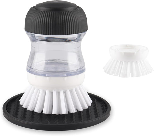 Soap Dispensing Palm Brush, Dish Brush Set with Silicone Drip Tray and One Refill, Kitchen Dish Scrub Brush for Cleaning Pots, Pans, Sinks