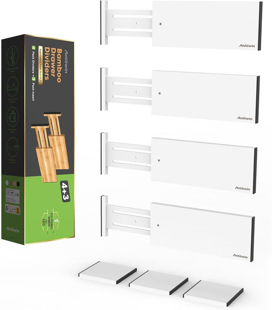 ANTOWIN 4 Pack Expandable Drawer Dividers, 4.7'' High, Extend from 12.2'' to 17.7'', Dresser Drawer Organizers, Bamboo Separators for Kitchen, Bedroom, Office, Bathroom (White)