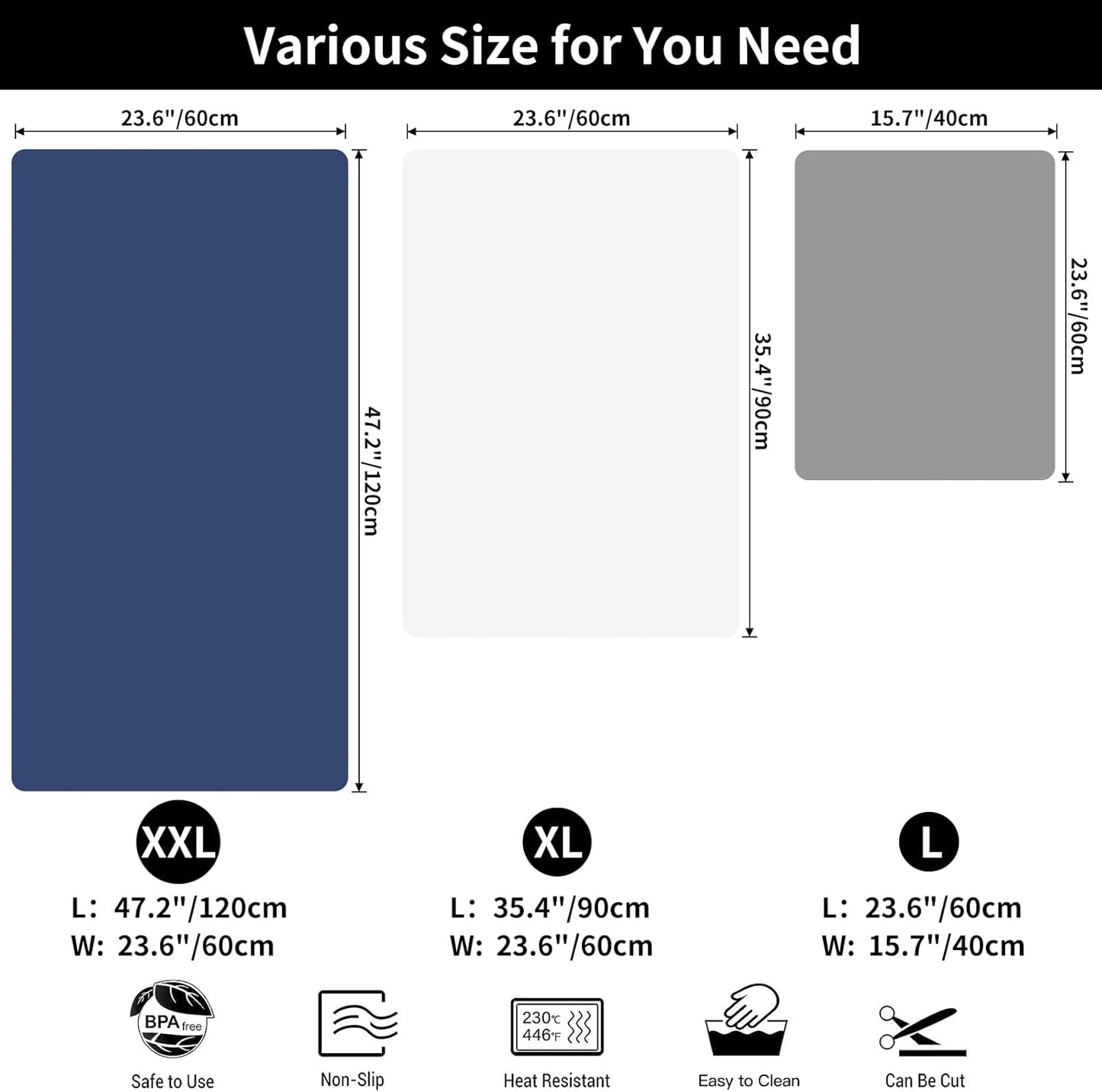 2MM Extra Thick Silicone Mats for Kitchen Counter, 35.4"x23.6" Kitchen Island Largest Heat-Resistant Baking Mat, Thicker Non-Slip Desk Protect Mat, Multipurpose Countertop Protector (Black)