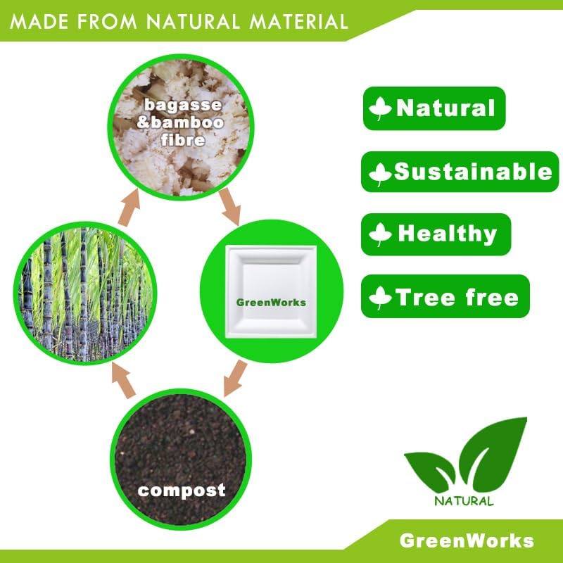 GreenWorks 100 Count 6 Inch Small Square Compostable plates, Heavy Duty Bagasse and Bamboo Fiber Plates
