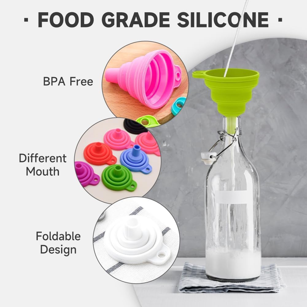 Kitchen Funnel Set, 2025 Upgrade Silicone Collapsible Funnel Silicone Collapsible Food Funnels for Kitchen 3 Sizes Funnels for Home Use Filling Bottles Daily Cooking (Grey, 2Set 11+14+20g)