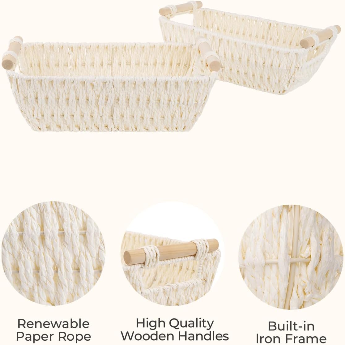 StorageWorks Round Paper Rope Woven Basket with Wooden Handles for Gifts, Small Wicker Baskets for Bathroom, Beige, 2-Pack
