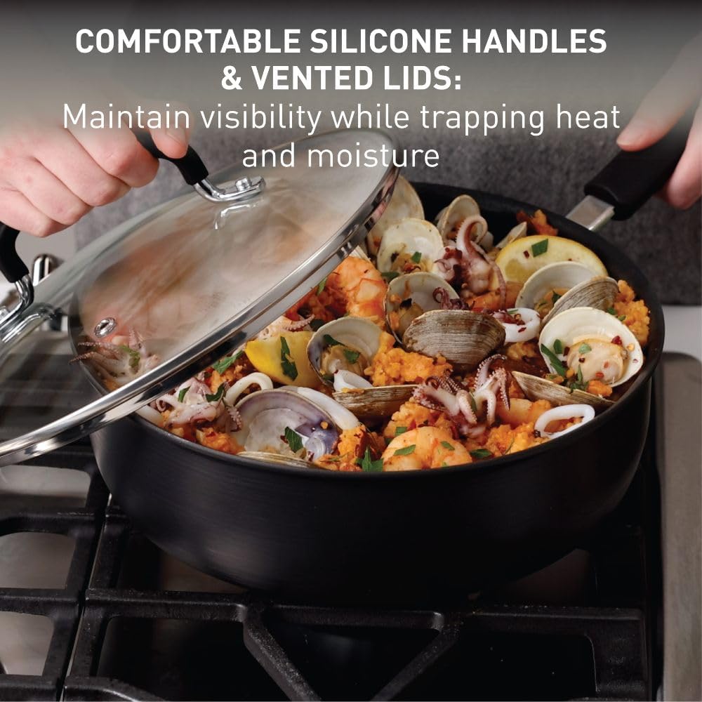 T-fal Ultimate Hard Anodized Non Stick Jumbo Cooker With Lid & Helper Handle 5 Quart, Oven Broiler Safe 400F, Lid Safe 350F, Cookware, Deep Frying Pan, Skillet, Pots and Pans, Dishwasher Safe, Grey