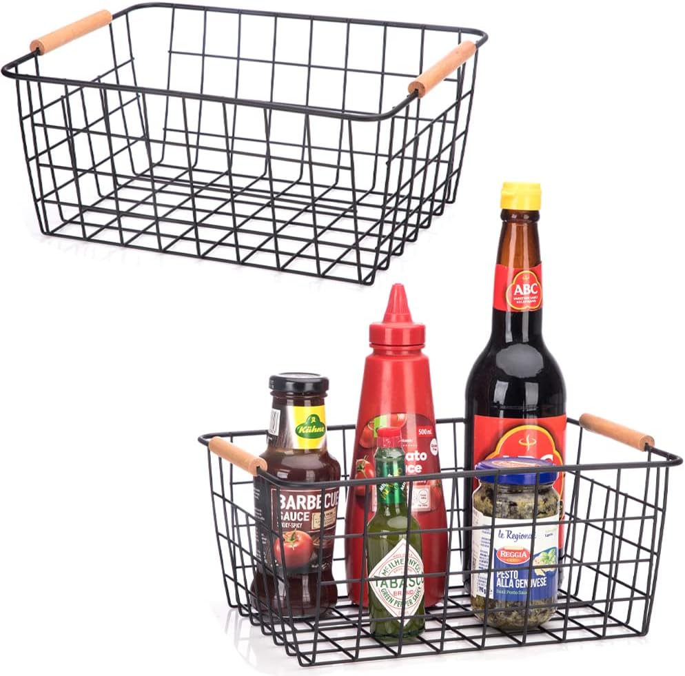 LeleCAT Wire Baskets with Wooden Handles, Wire Storage Organizer Baskets , Household Refrigerator for Cabinets, Pantry, Closets, Bedrooms - Set of 4（Black