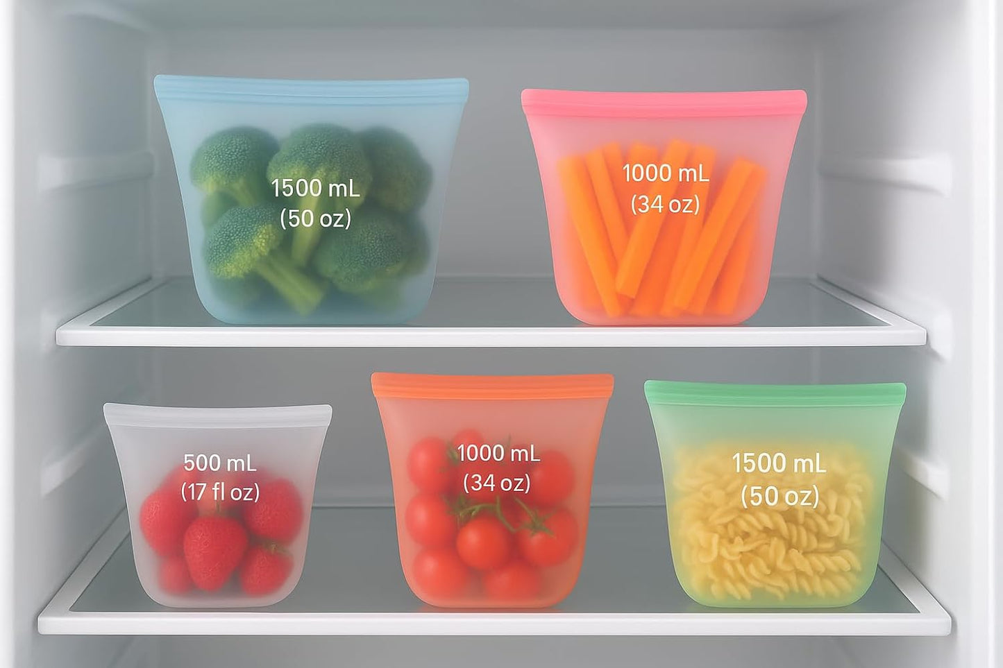 3 Pack Reusable Silicone Food Storage Bags, Stand Up Zip Container Set for Soup, Sandwich, Leftovers, Microwave Safe, BPA Free, AR3T Home Essentials (Multi Color 3 pack)