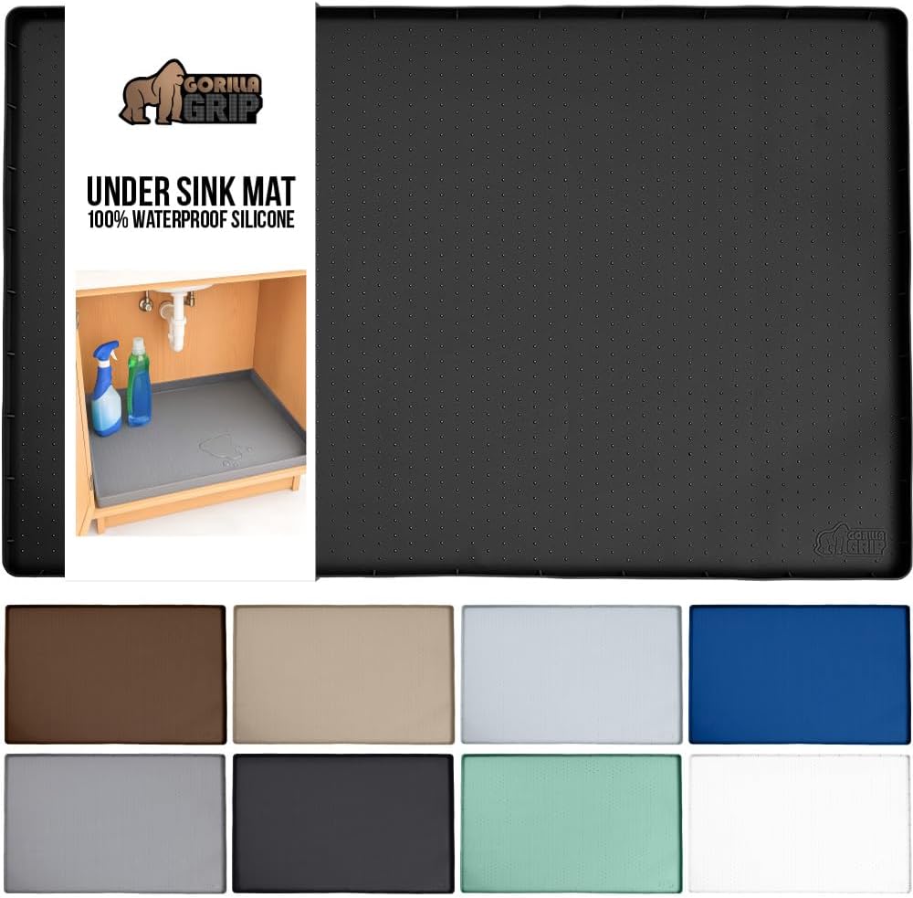 GORILLA GRIP Waterproof Silicone Under Sink Mat with Raised Lip for Kitchen and Bathroom, 28 x 22 in, Cabinet Shelf Liner Stay in Place Mats Dishwasher Safe Drawer Liner, Organizer Tray, Black