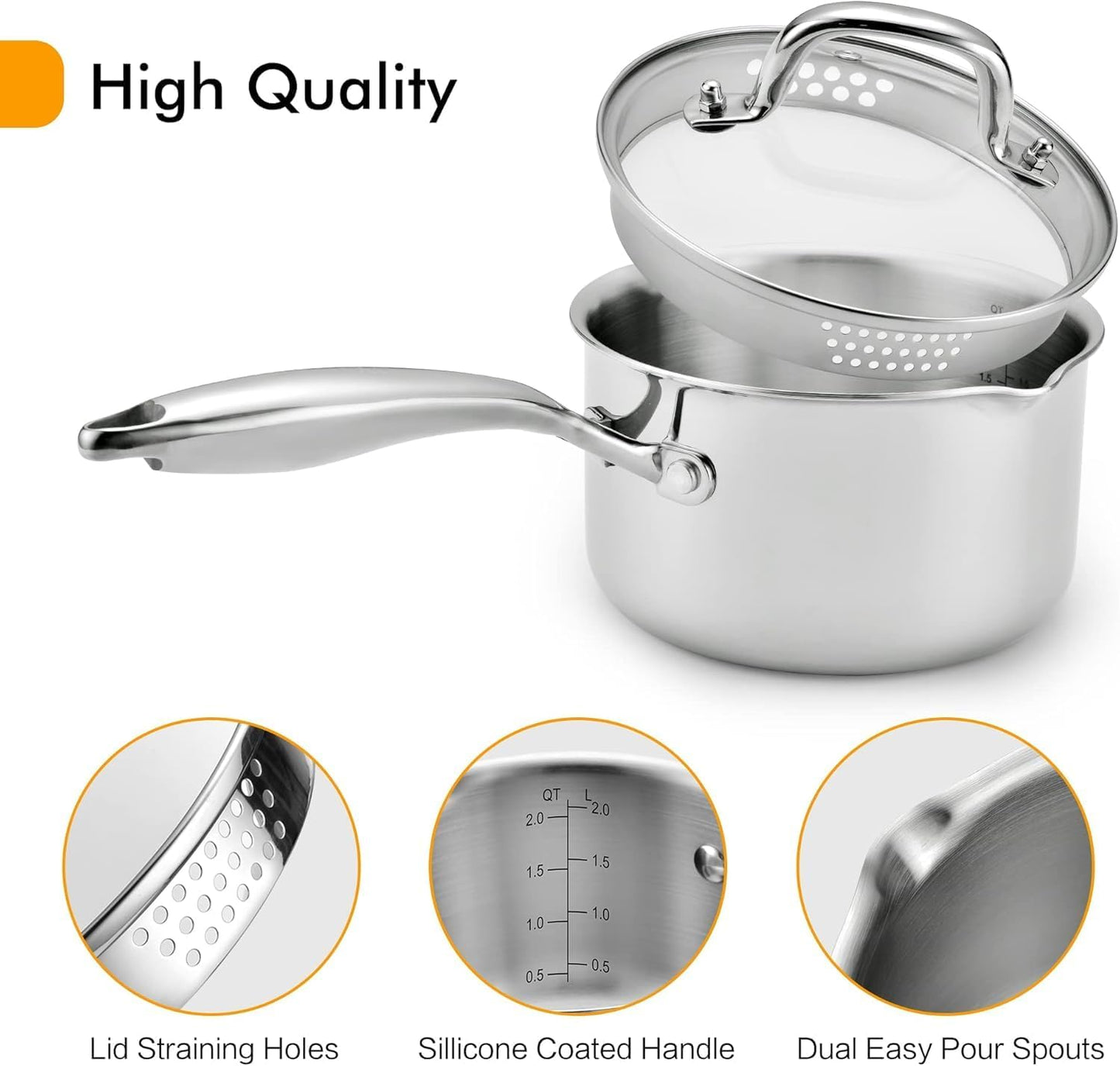 Tri-Ply Stainless Steel Sauce Pan with Steamer Basket & Straining Glass Lid — Heavy-Duty, Thick Base,Rust-Resistant,Warp-Free —100% Food-Grade —Built to Last– Works with All Stovetops, Pasta Pot 2 QT