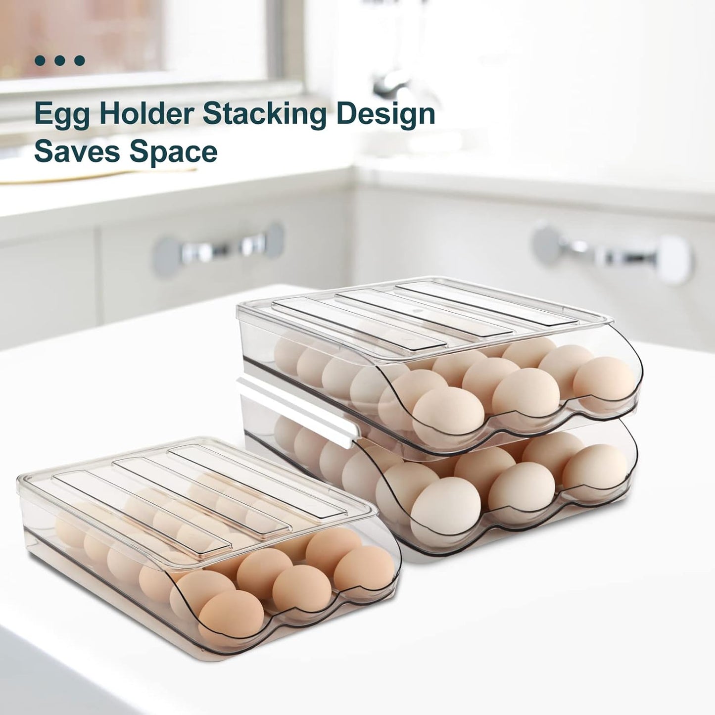 Egg Holder for Fridge,Automatically Rolling Egg Storage Container for Refrigerator,Egg Organizer for Fridge with Lid,Clear Plastic Dispenser, Tray & Box -3 Layer