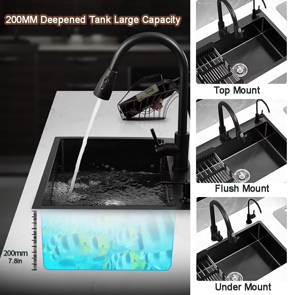 Black Drop in Kitchen Sink, Stainless Steel Single Bowl Sink with 3 Holes, Topmount Workstation Sink, Farmhouse Rectangle Basin with Multiple Accessories (31.5 * 17.7 * 7.9in)