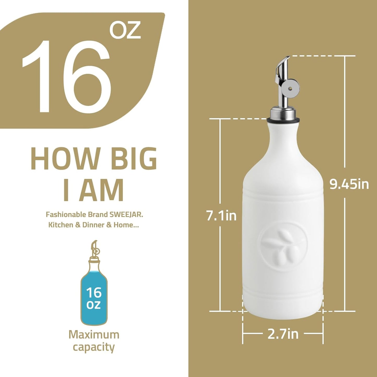 Sweejar 16 Oz Ceramic Olive Oil Dispenser Bottle, Oil Dispenser for Kitchen with Gravity Spout, Relief Opaque Vinegar Container for Evoo, Soy Sauce, 1 Pack(Red, Gold Spout)
