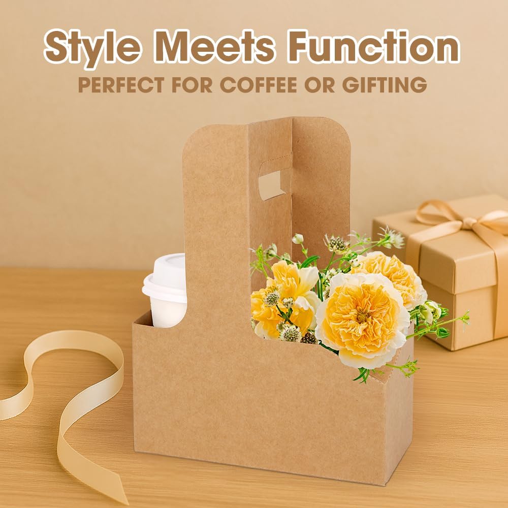 15Pcs -2 Cup Drink Carrier with Handle - Paper Cup Holder, Coffee Carriers Tray for Drinks, Disposable Takeaway Cardboard Holders To Go for Food Delivery, Uber Eats/Door Dash Two or 4 Kraft Paperboard