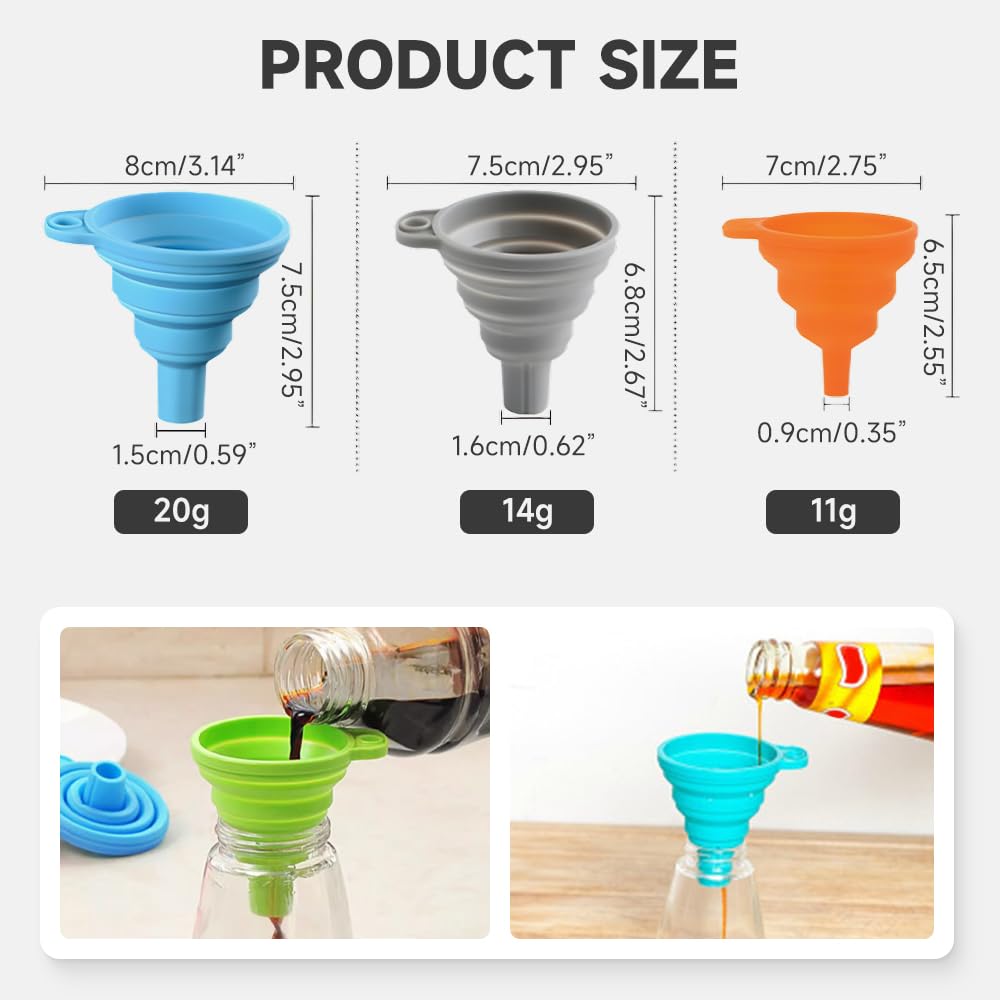 Kitchen Funnel Set, 2025 Upgrade Silicone Collapsible Funnel Silicone Collapsible Food Funnels for Kitchen 3 Sizes Funnels for Home Use Filling Bottles Daily Cooking (Black, 1Set 11+14+20g)