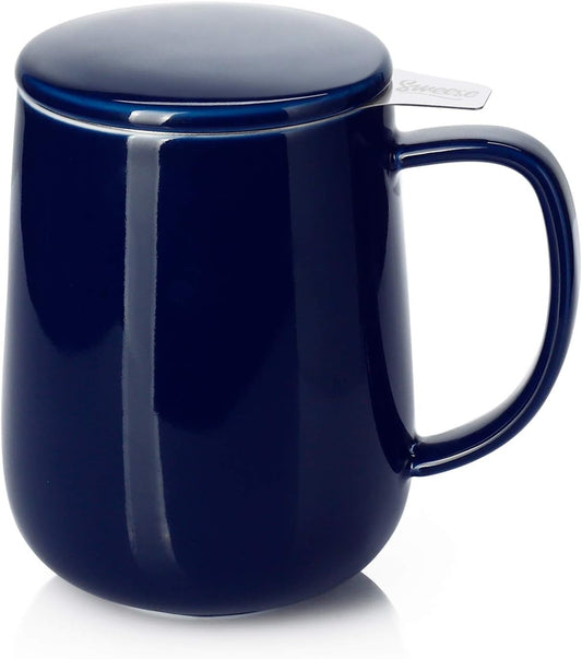 Sweese 20oz Porcelain Teacup with Infuser and Lid, Large Tea Mug for Loose Tea - Microwave and Dishwasher Safe, Insulated, Modern Design for Tea Lovers
