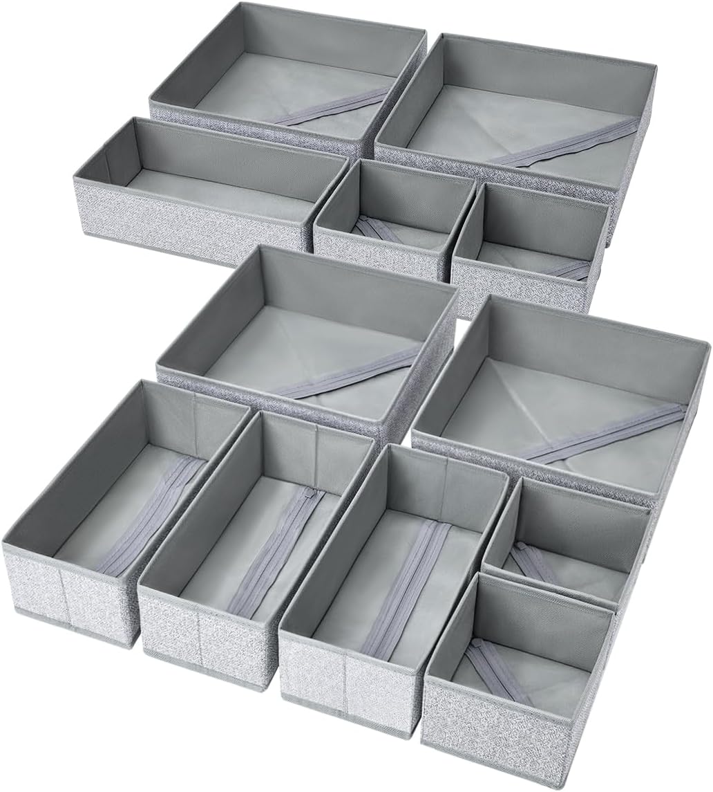 DIMJ Drawer Organizers - 12 Pack Foldable Closet & Sock Organizers, Fabric Dresser Drawer Dividers for Clothes, Underwear, Bras, Socks