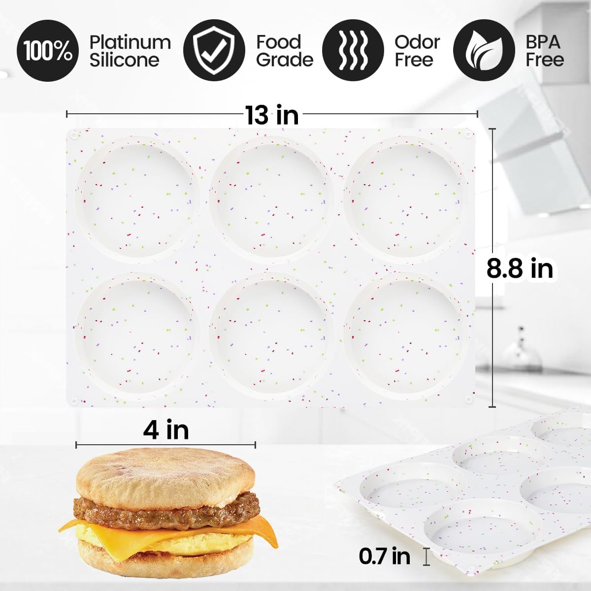 CAKETIME 4 Inch Muffin Top Pan, Silicone Molds for Breakfast Sandwiches, English Muffins, Whoopie Pies, Corn Bread, Egg Bites, Tarts - 2 Pack Confetti