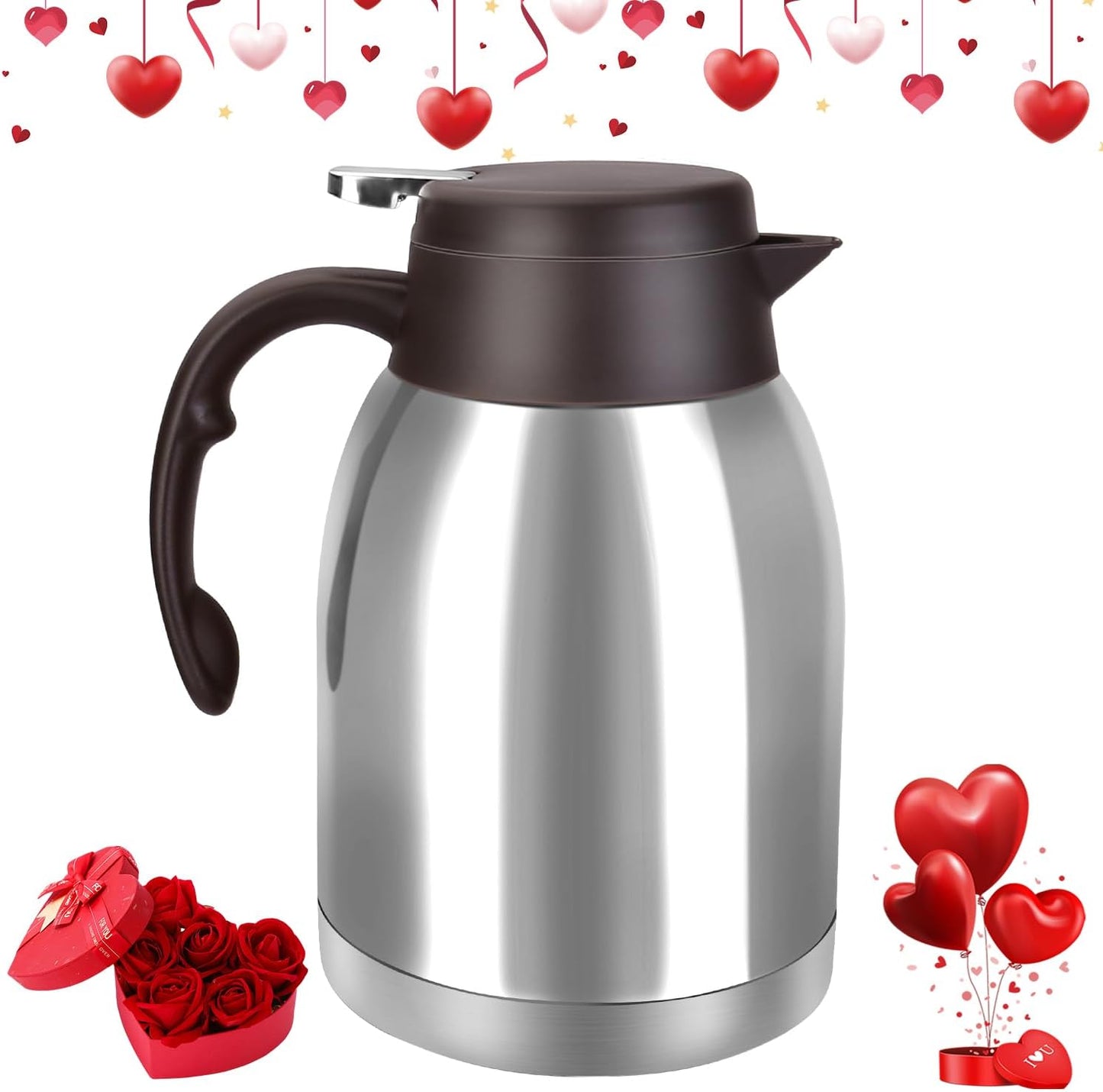54oz Stainless Steel Thermal Coffee Carafe Dispenser, Unbreakable Double Wall Vacuum Flask 1.6L Water Tea Pot Beverage Pitcher for Cold Drinks in Summer(Classic Silver)
