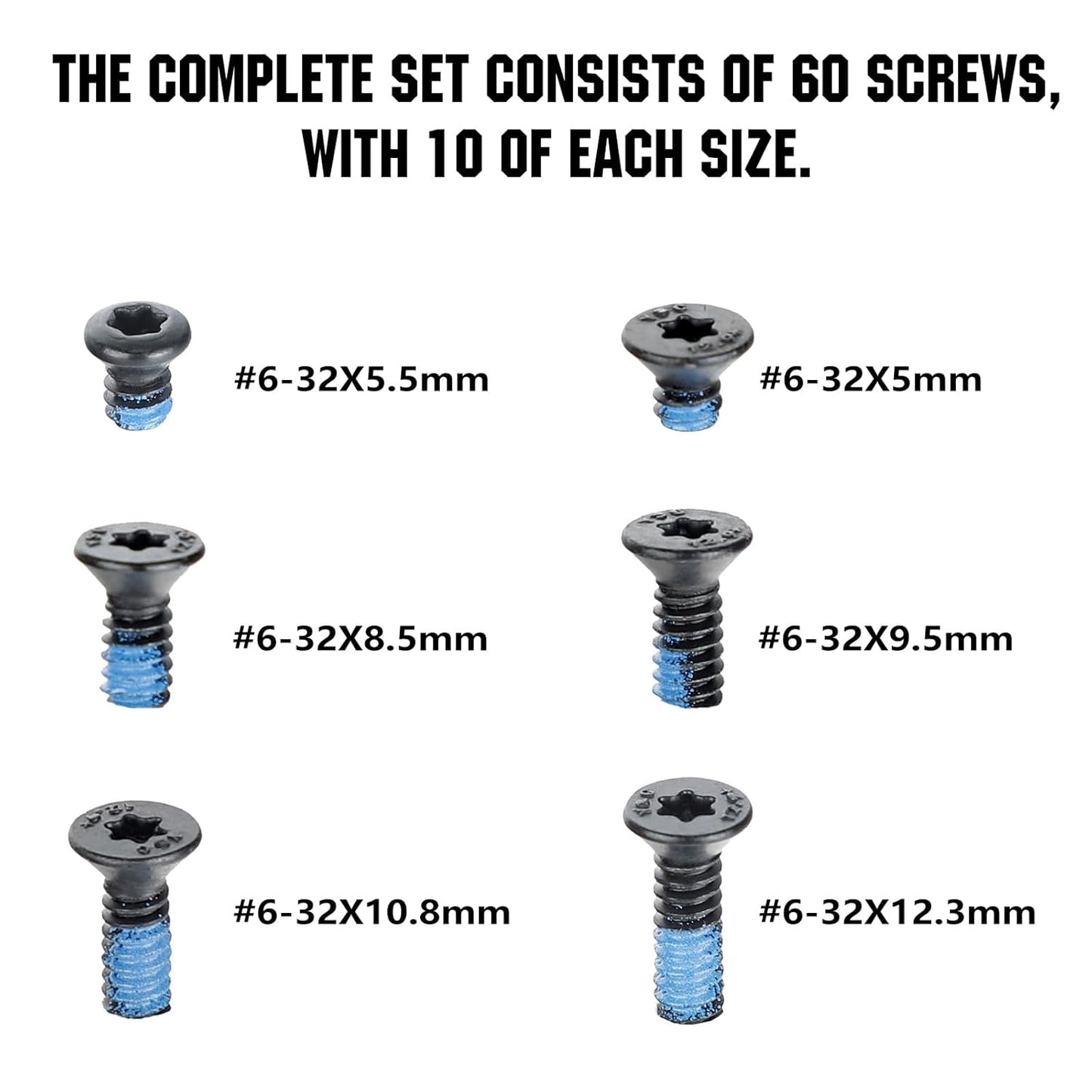 ohhunt 60 Pcs 6-32x5.5mm/5mm/8.55mm/9.5mm/10.8mm/12.3mm Alloy Steel Flat Head Screw for Red Dot Sight