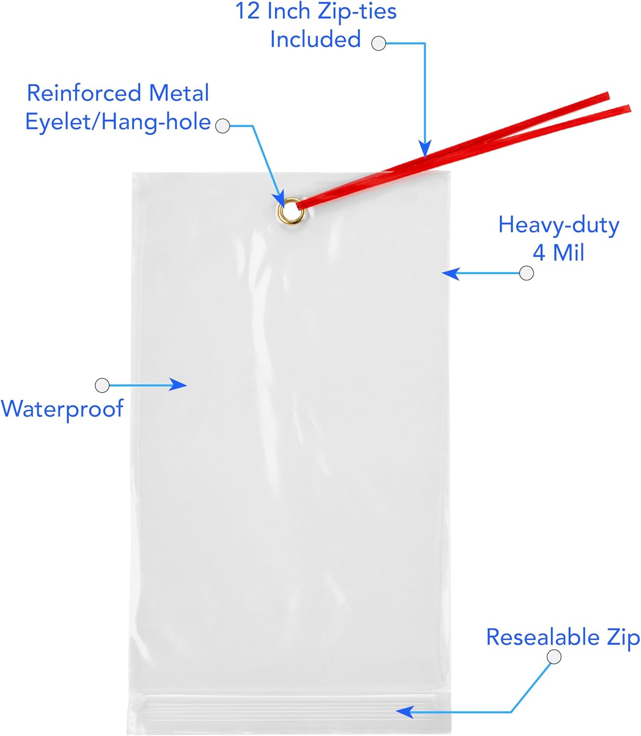 GPI - 5.75" x 11" Reclosable Zip Bags with Bottom Hang-hole & Pre-inserted 12" Twist-tie. 4 Mil Heavy-duty Resealable Zipper Baggy with Grommet/Metal Eyelet for Hanging (Insert Size 5x9.5) 1000 Pack