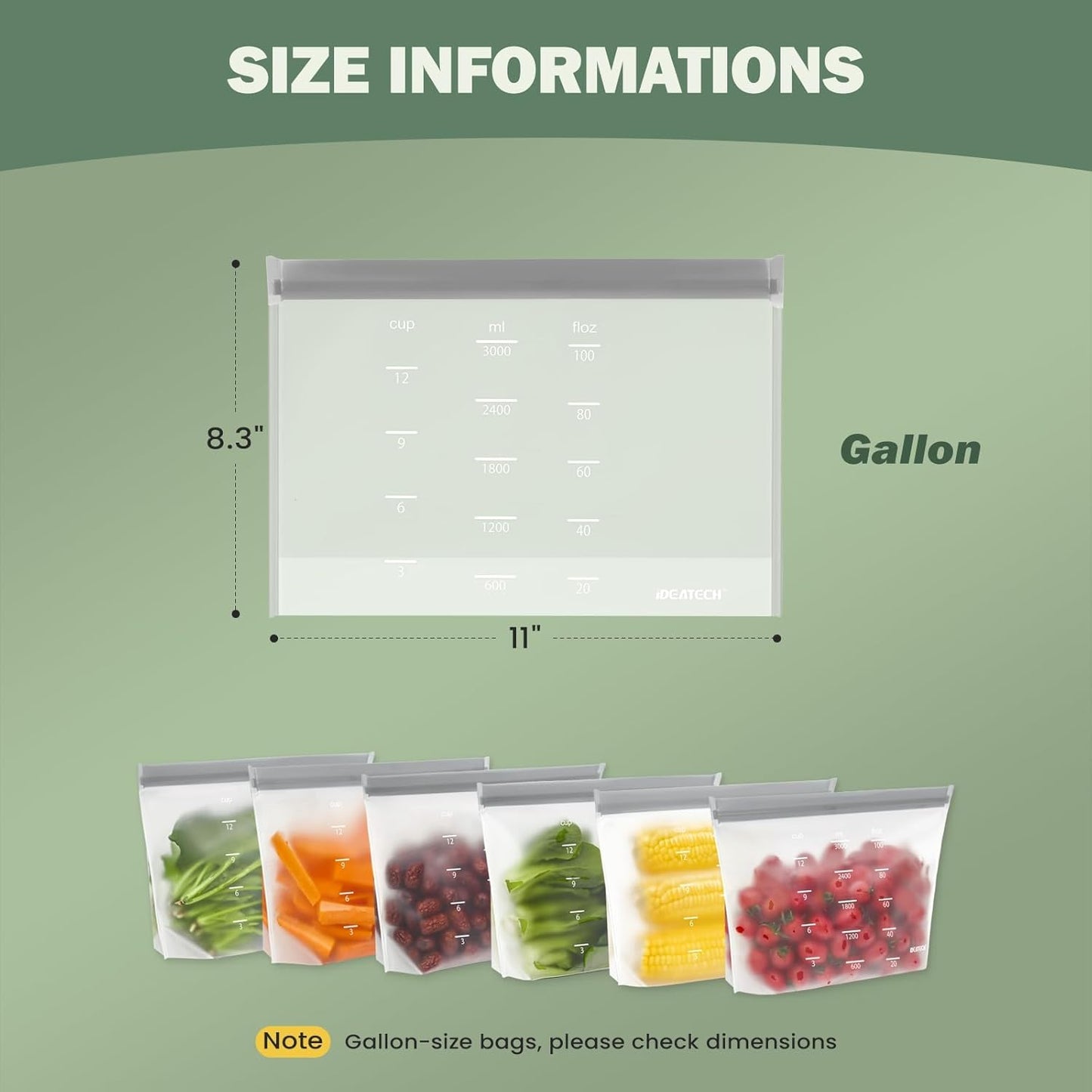 IDEATECH Reusable Bags Dishwasher Safe, BPA Free Reusable Freezer Bags Stand Up, Leakproof Silicone Bags for Food Storage Containers, Salad Fruit,Vegetables,Traval, Home Organization -Gray 6 Gallon