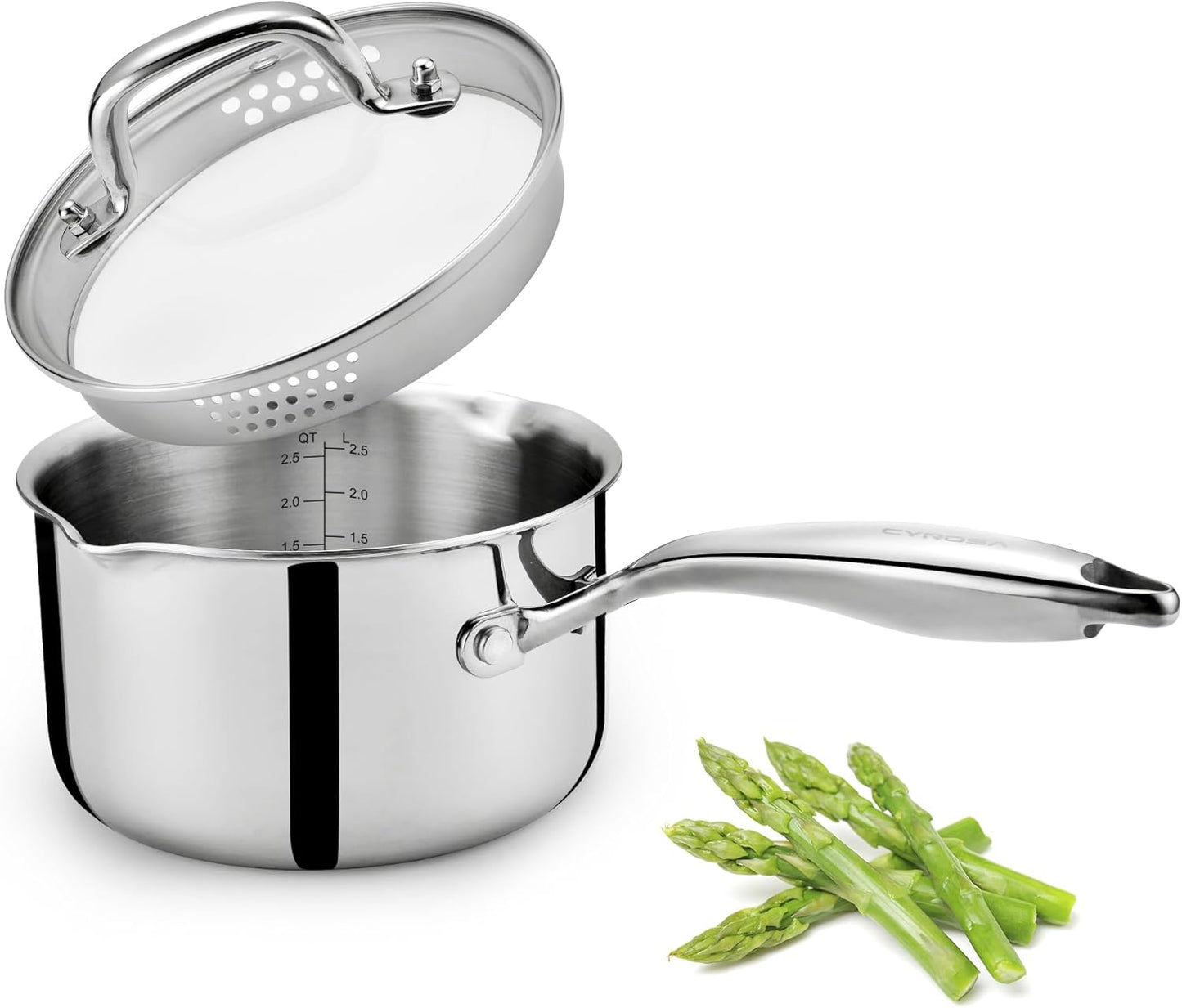 Cyrosa 2.0 Quart Saucepan with Lid, Stainless Steel Sauce Pot with Strainer Lid, Two Side Spouts for Easy Pour with Ergonomic Handle, Dishwasher Safe