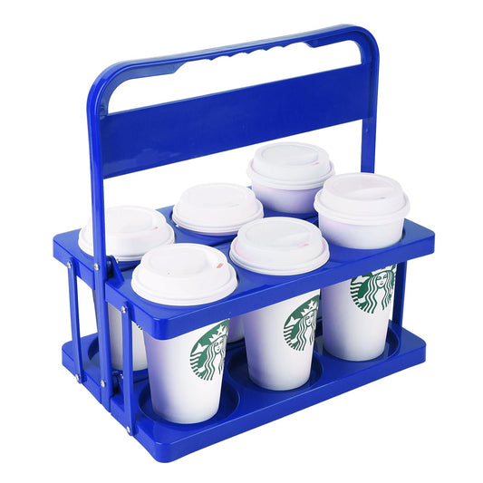 Bodaon 6 Cup Drink Carrier with Handle, Plastic Cup Holders for GrubHub/Doordash Delivery, Reusable Foldable Car Drink Caddy, Leakproof Food Delivery Accessories, 360° Secure Grip, Blue