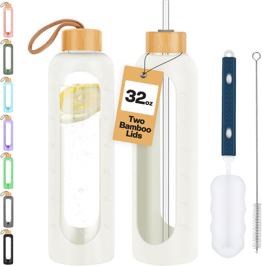 Glass Water Bottles 32 oz - Motivational Drinking Glass Water Bottle with Silicone Sleeve, Straw & 2 Bamboo Lids - 1 Liter Clear Borosilicate Daily Intake Tumbler with Time Marker - Cream