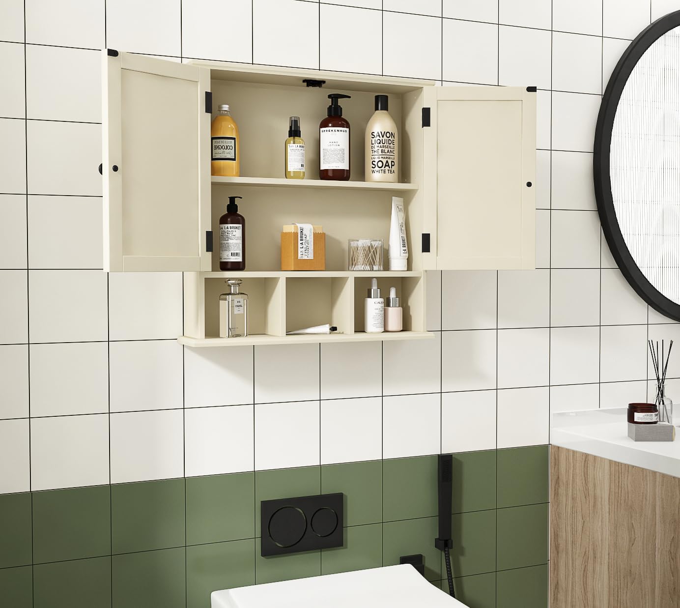 ChooChoo Bathroom Cabinet Wall Mounted 2-Door with 3 Open Shelves， Wooden Medicine Cabinets with Adjustable Shelf，Space Saver Storage Cabinets Over The Toilet for Bathroom&Living Room,Yellow