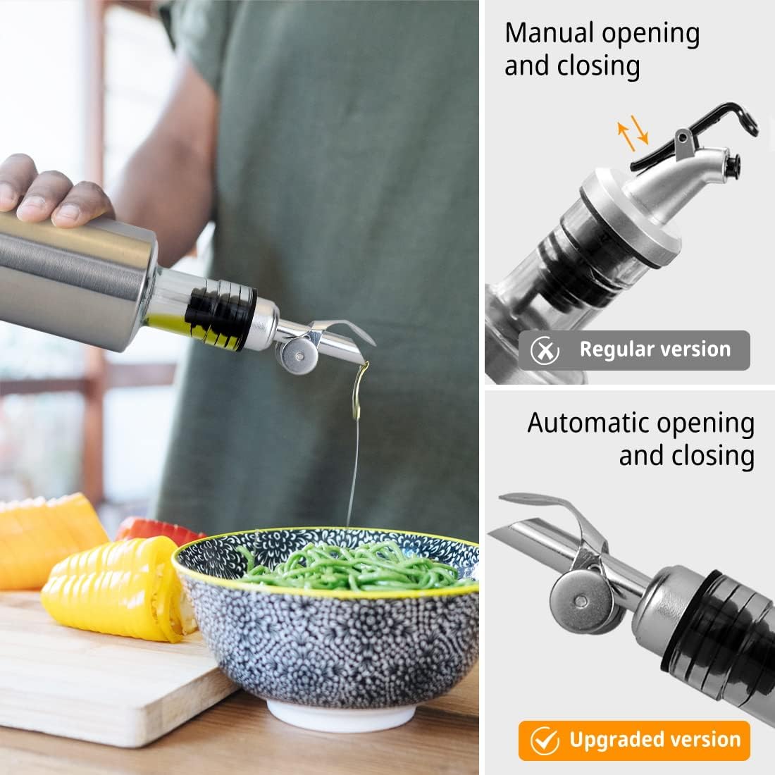 MEETSWEET Olive oil dispenser spout, pour spouts，304stainless steel automatic opening and closing spout, leak-proof, for olive oil, vinegar, wine and other liquid bottles (304gold)