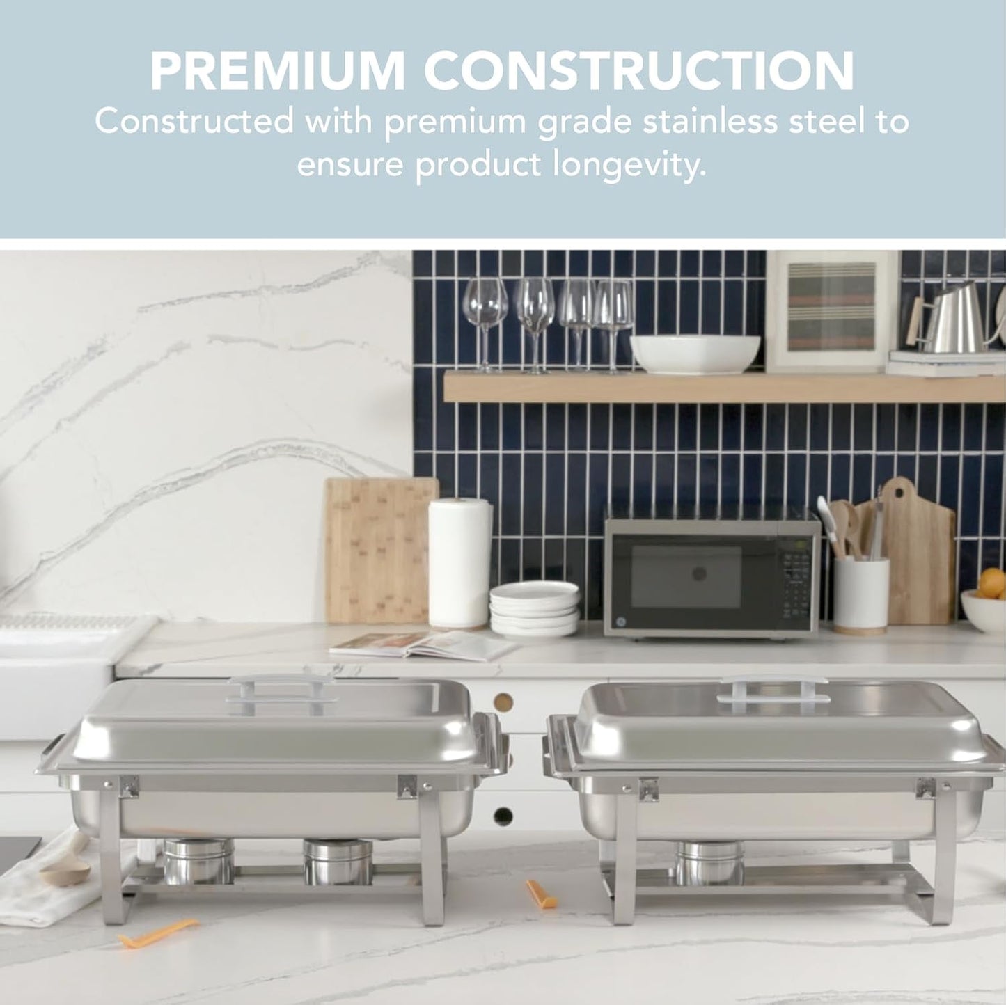 4 Pack Chafing Dish Full Set – Stainless Steel Catering Chafer with Lids, Pans & Fuel Holders – Buffet Food Warmers for Parties, Events & Weddings – Alpine Gray Handles