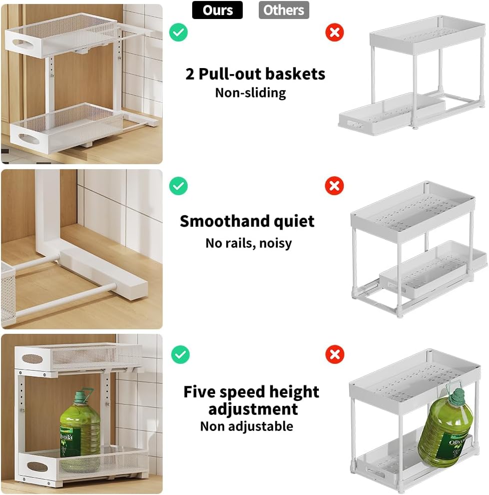 Under Sink Organizer, 2-Tier Slide-Out Storage Shelf with Mesh Drawers - Adjustable Height Heavy-Duty Steel Cabinet Organizer for Kitchen/Bathroom/Laundry, Easy Assembly, Space Saver (White)