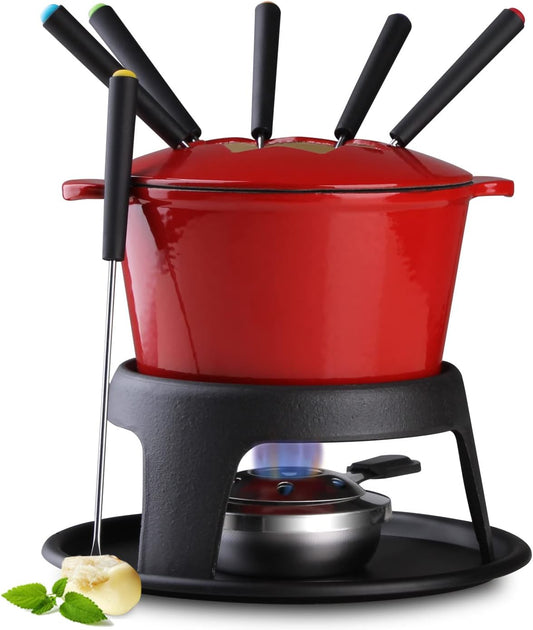 Artestia Cast Iron Cheese Fondue Pot for Chocolate Fondue Pot Swiss Fondue Set for Camping Outdoor with 6 Fondues Forks, 11-Piece Cheese Fondue Sets Serve 6 Persons (Red)