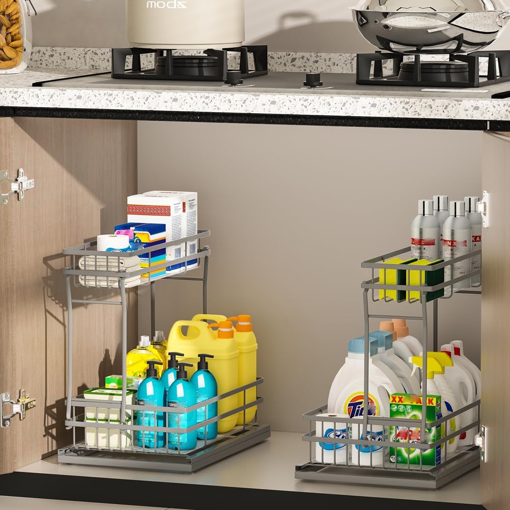 2 Pack Under Sink Organizers and Storage, 2 Tier Pull Out Cabinet Organizer, Metal Sliding Drawer Storage for Kitchen Bathroom，Gray