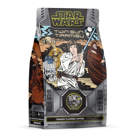 Bones Coffee Company Star Wars Twin Sun Tiramisu Flavored Coffee, Medium Roast Low Acid Arabica Beans Compatible with Auto drip and French Press Coffee Maker, 12 Oz Whole Bean
