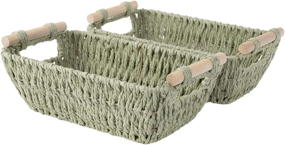 StorageWorks Round Paper Rope Woven Basket with Wooden Handles for Gifts, Small Woven Baskets for Bathroom, Bosana Green, 2-Pack