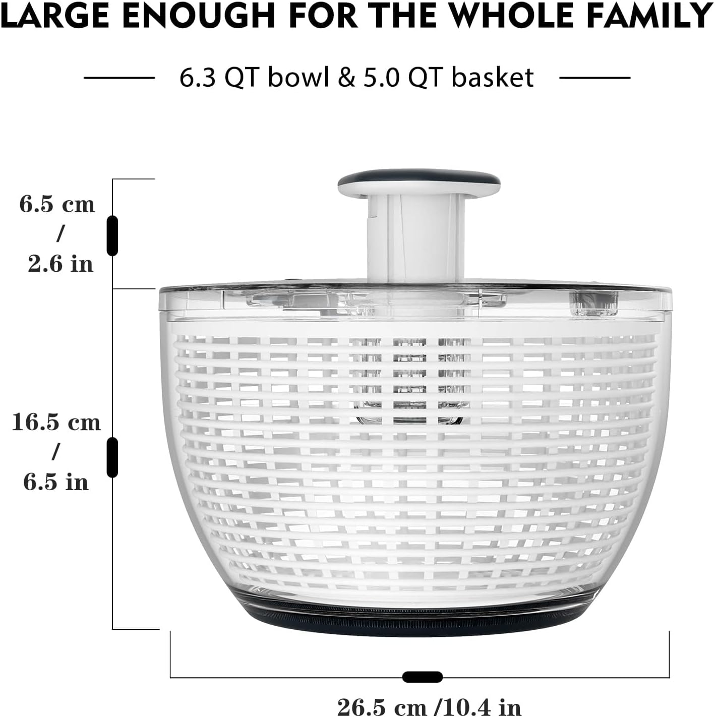 Ourokhome Salad Spinner Lettuce Dryer, One-handed Easy Press Large Vegetable Dryer Salad Mixer with Comfortable and Retractable Pusher and Brake Button for Greens, Herb, Berry, Fruits, 6.3 QT, Black