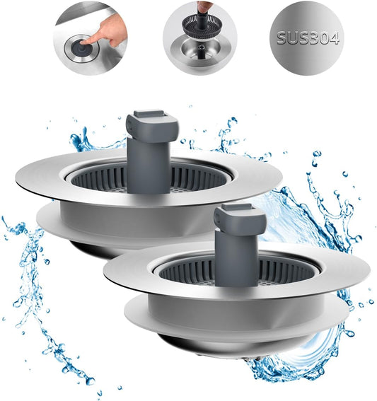 Hibbent Upgraded 2 Pack 3 in 1 Kitchen Sink Drain Strainer and Stopper Combo, Stainless Steel Metal Pop Up Sink Stopper, Anti-Clogging Basket with Foldable Handle for US Standard 3-1/2 Inch Drain