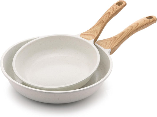 SENSARTE Nonstick Frying Pan Skillets, White Ceramic Coating Omelette Pans, Healthy Cookware Chef's Pan, Free of PTFE & PFAS (8+10 Inch)