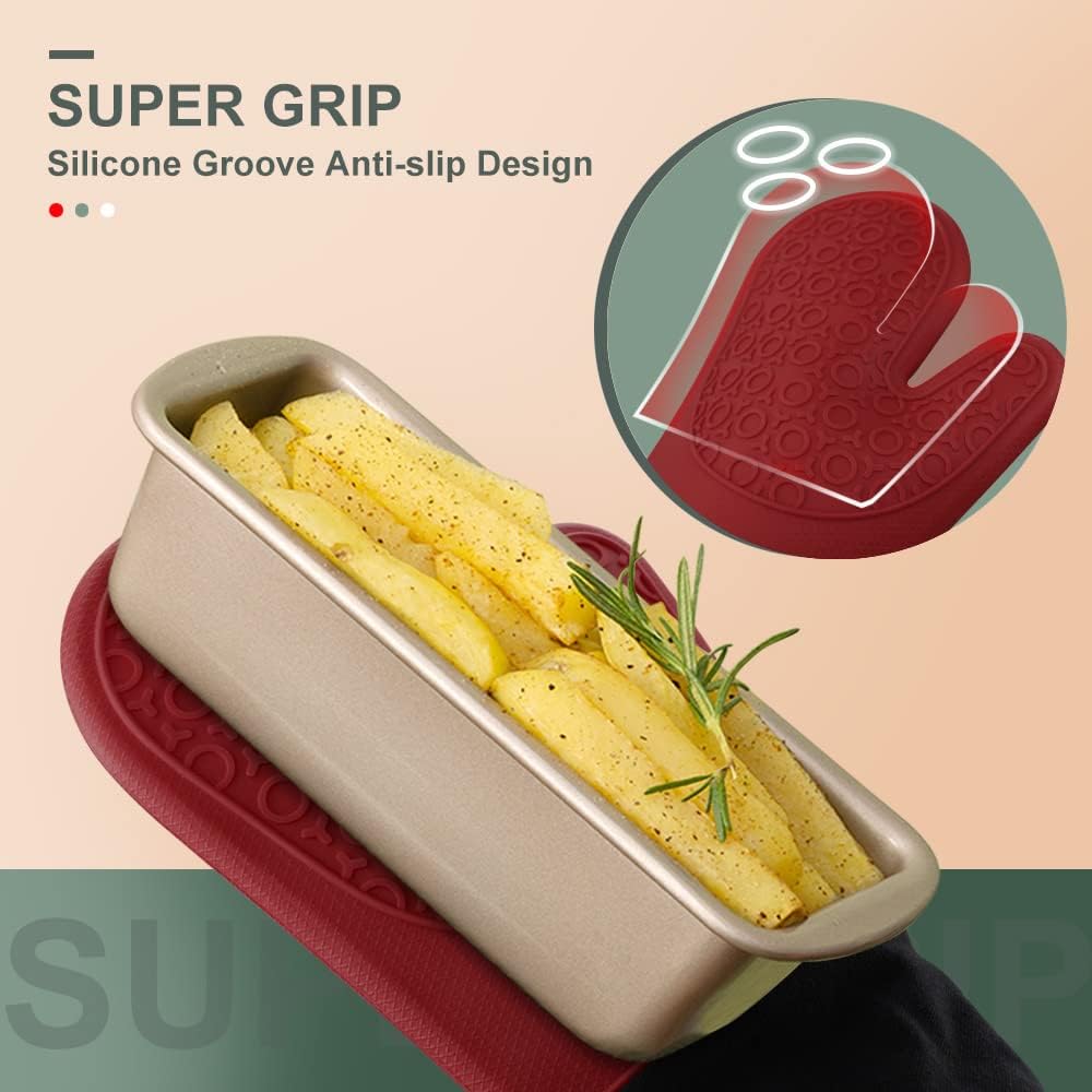 sungwoo Extra Long Silicone Oven Mitts, Heat Resistant Oven Gloves with Quilted Liner Non-Slip Textured Grip Perfect for BBQ, Baking, Cooking and Grilling - 1 Pair 14.6 Inch Red & Black