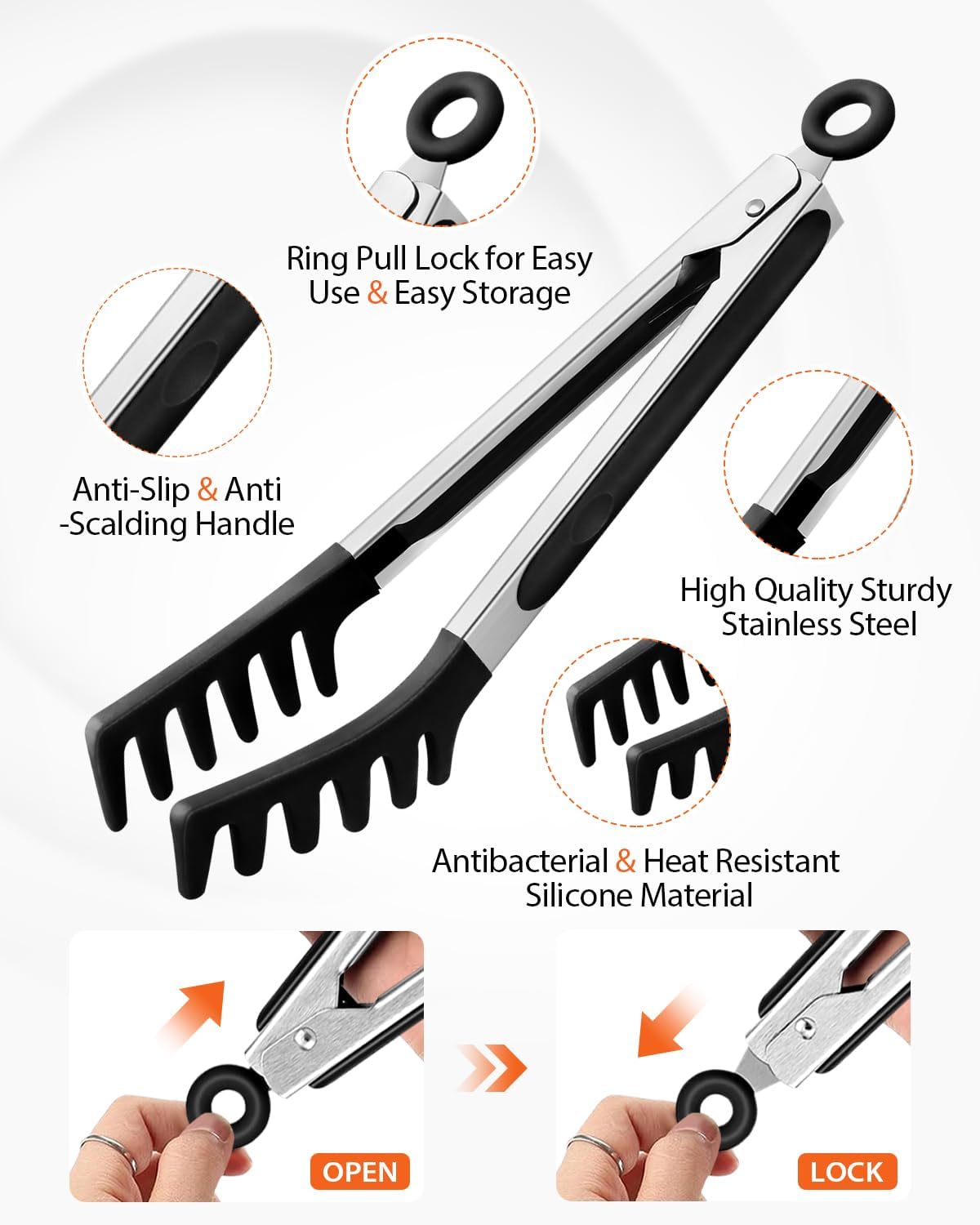Silicone Spaghetti Spoon & Pasta Tong With Pasta Measurer, 3 Pack of Non-Stick Stainless Steel Handle Pasta Fork Set with Teeth, Food Clip for Easy Serving of Noodles (BLACK)