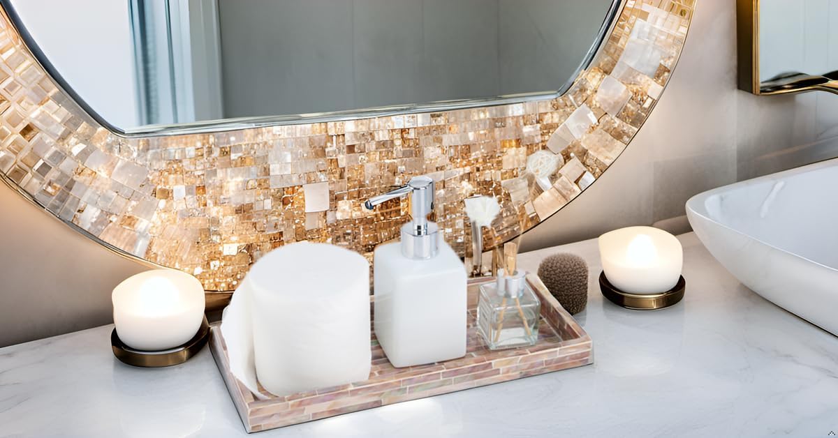 PEMAR Set of 2 Mother of Pearl Vanity Tray for Bathroom Counter, 11" Wooden Organisation Valet Tray for Perfume Makeup Bedroom Dresser Kitchen Sink Countertop Organizer, Toilet Tank (Brown Titles)