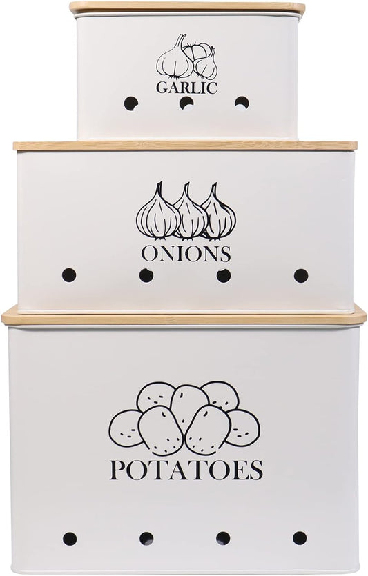 Kitchen Vegetable Storage Tins Set of 3 for Potato Onion & Garlic with Wooden Lid, Kitchen Storage Canisters Set, Long Shelf Life - White