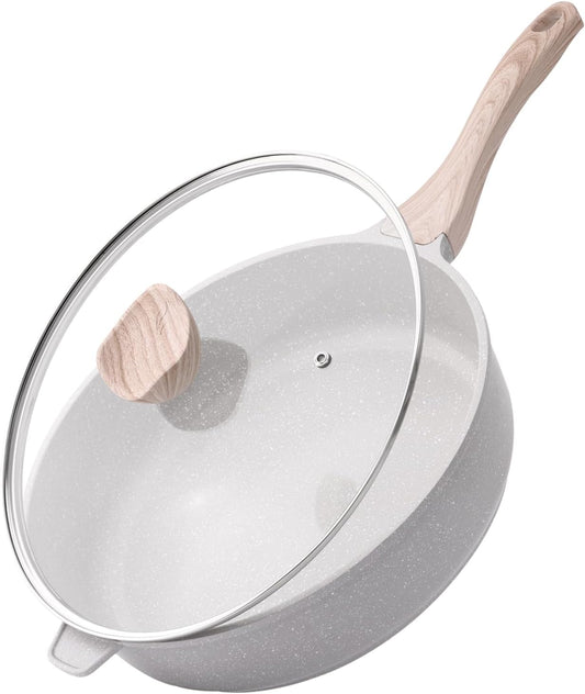 Nonstick Ceramic Deep Frying Pan, 12 Inch Non Toxic Large Skillet with Lid, 5 Qt Healthy Jumbo Cooker, Saute Pan for Cooking, Induction Cookware, PFOA & PFAS Free